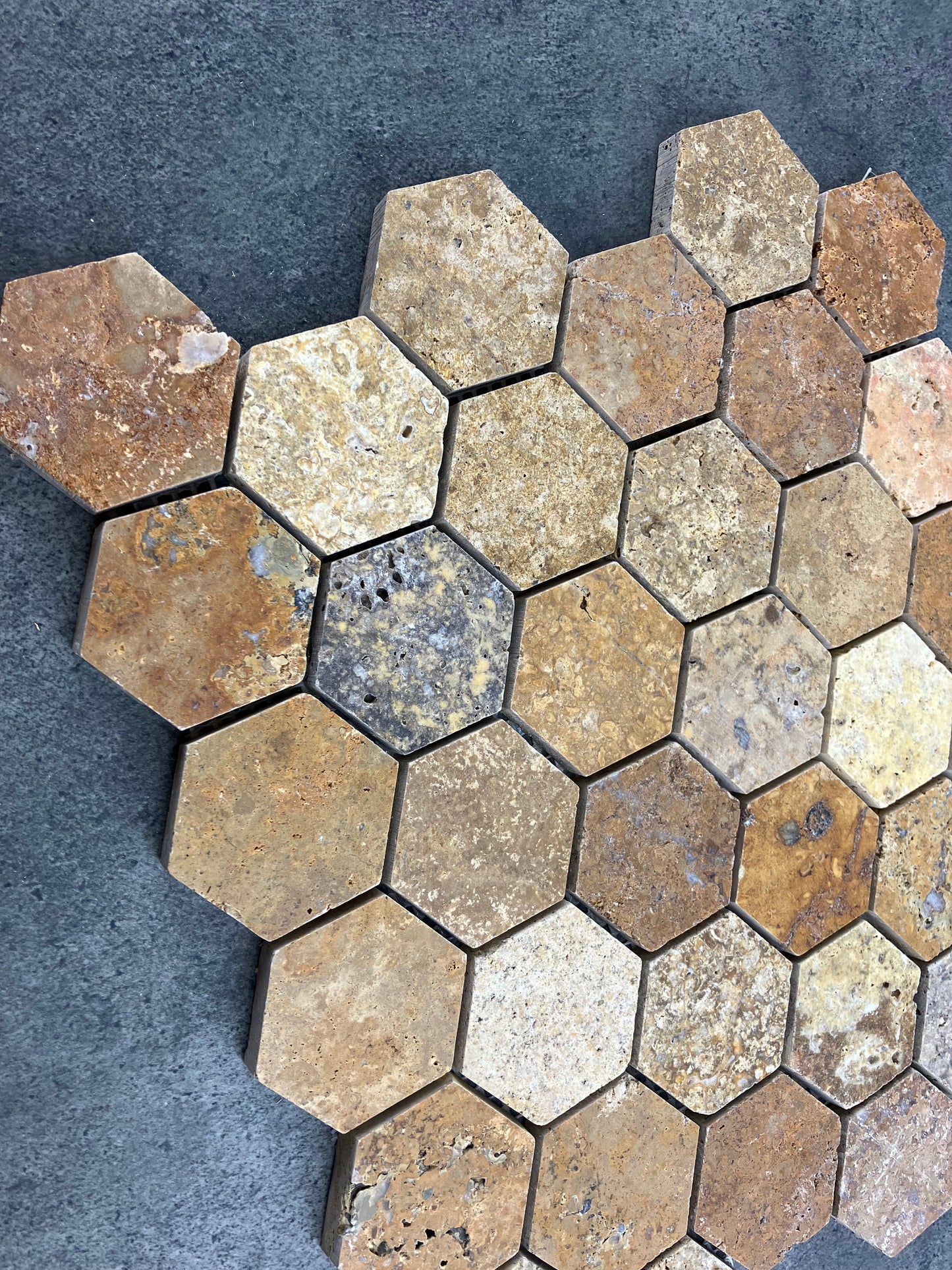 Scabos Travertine 2" Hexagon on 12" x 12" Mesh Mosaic Tile