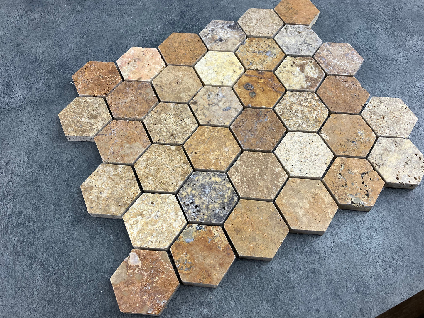 Scabos Travertine 2" Hexagon on 12" x 12" Mesh Mosaic Tile