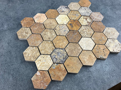 Scabos Travertine 2" Hexagon on 12" x 12" Mesh Mosaic Tile