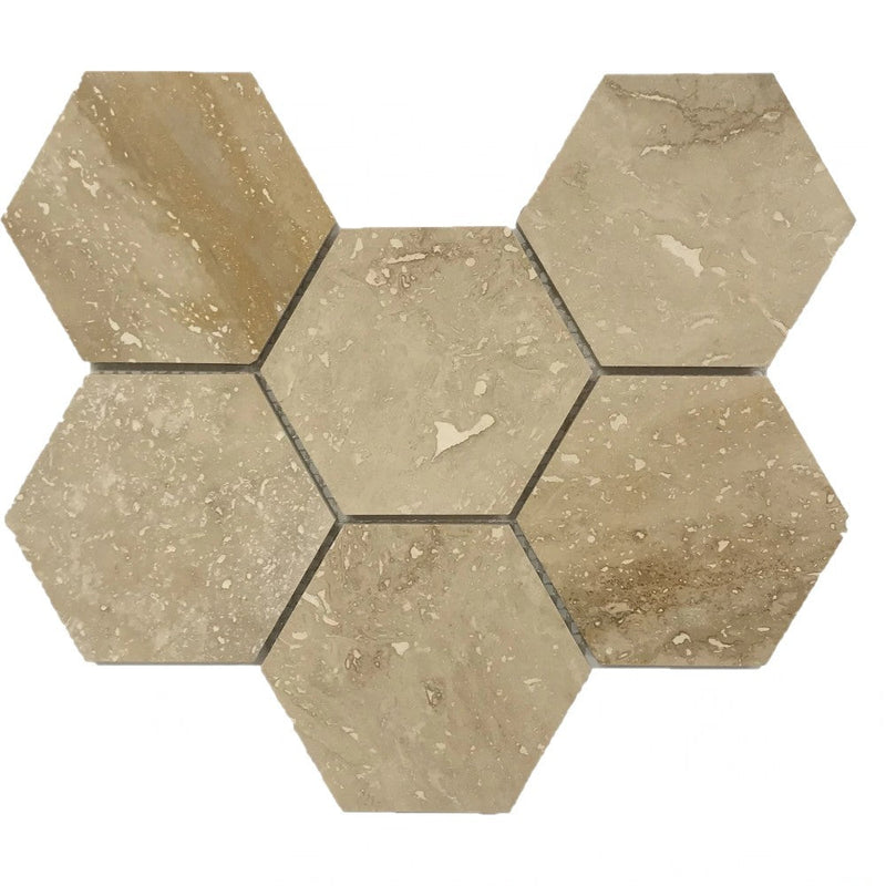 Patara Hexagon 12" x 12" Honed Travertine Mesh-Mounted Mosaic Tile SKU-HSHEX4MOSHF 4"Hexagon mesh view on white background
