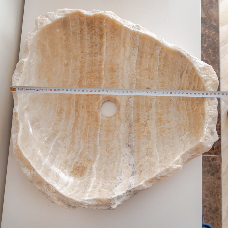 honey onyx natural stone vessel sink surface polished hand split size irregular SKU 202115 width measure view product shot