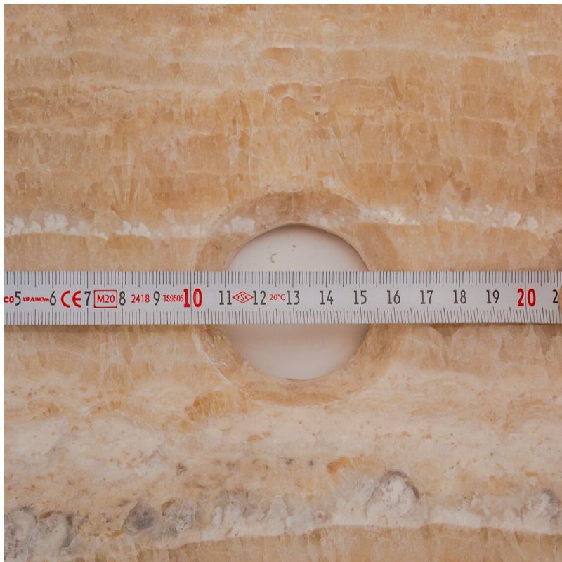 honey onyx natural stone vessel sink surface polished hand split size irregular SKU 202115 drain hole measure view product shot