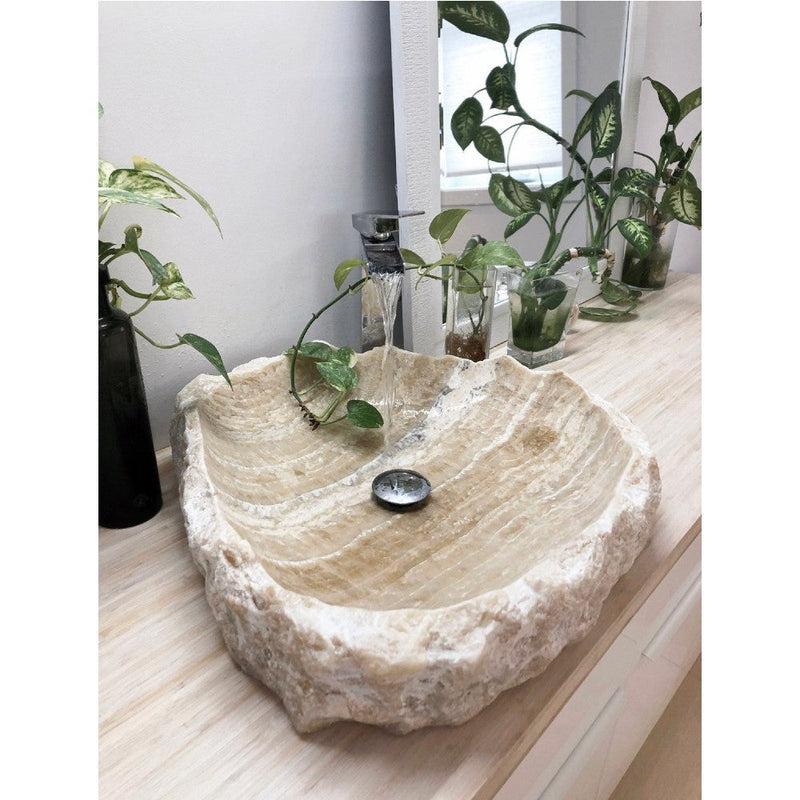 honey onyx natural stone vessel sink surface polished hand split size irregular SKU 202115 bathroom view