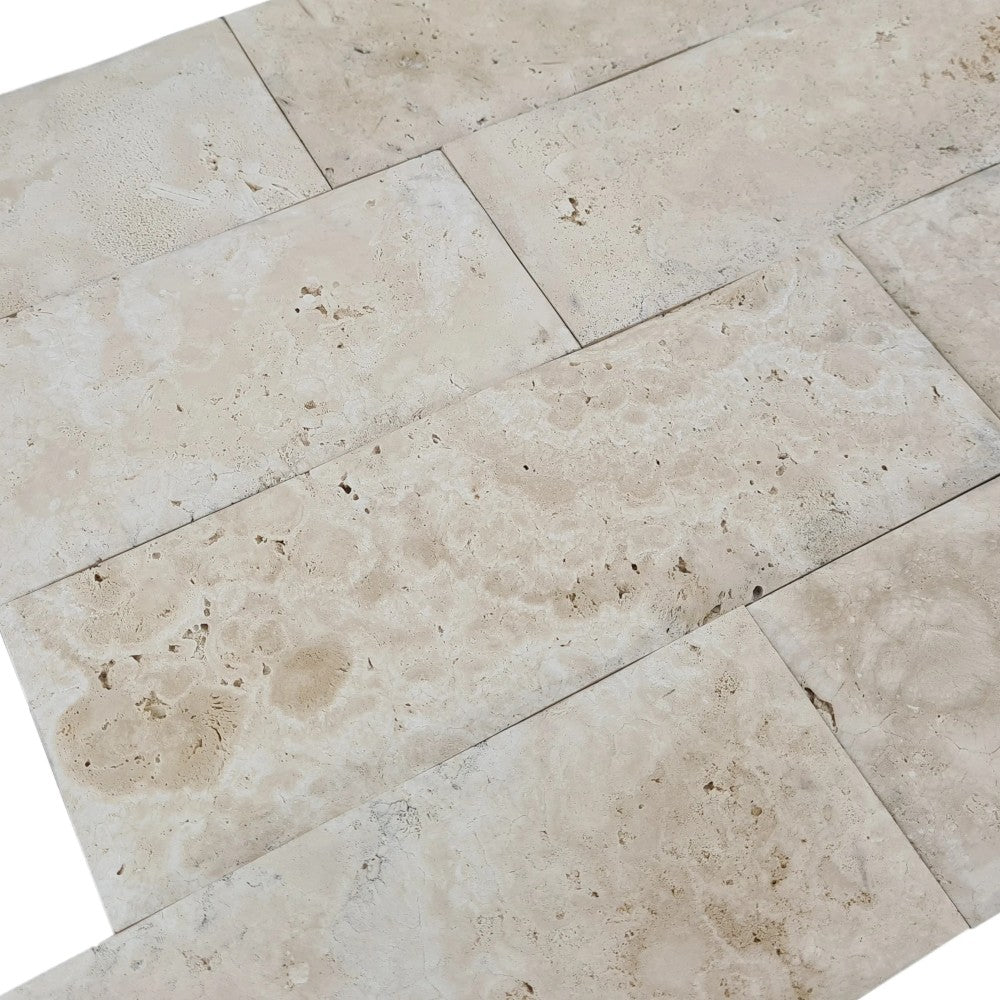 Ivory Light Travertine Wavy Honed-Pillowed edge Floor and Wall Tile 4"x12" SKU-HS4x12ILTPH close view