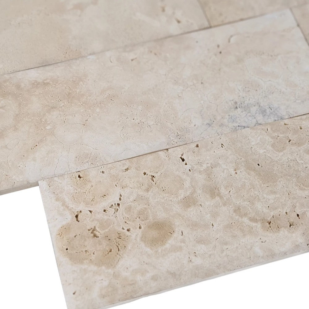 Ivory Light Travertine Wavy Honed-Pillowed edge Floor and Wall Tile 4"x12" SKU-HS4x12ILTPH close view