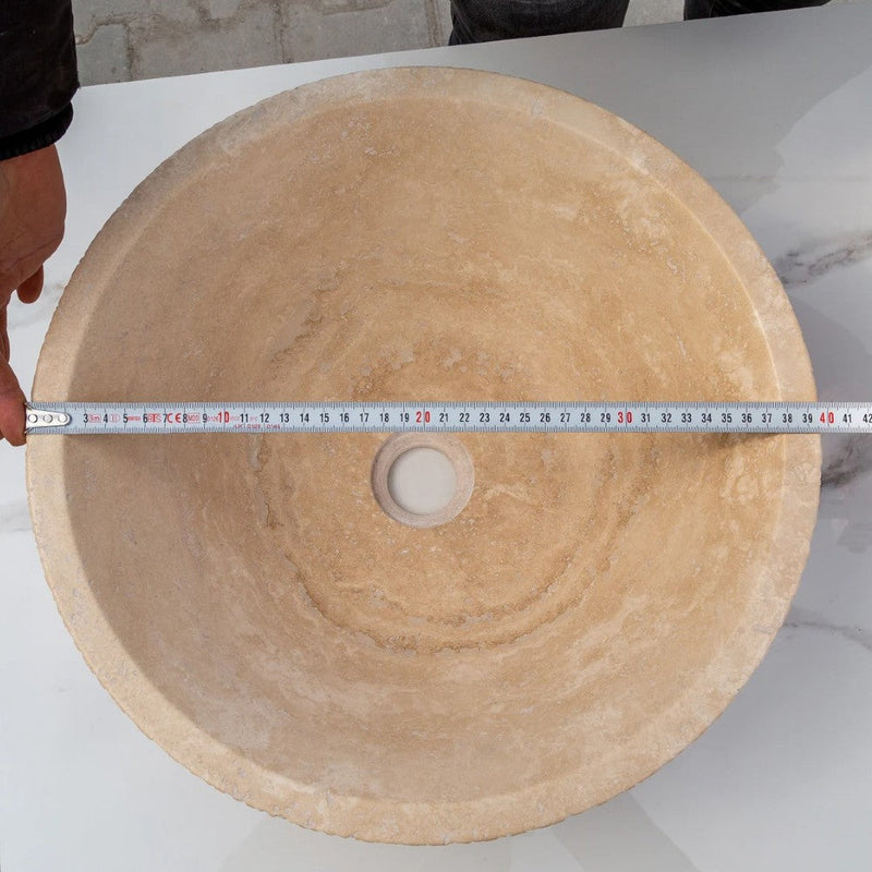 light beige travertine V-shape natural stone tapered Sink honed and sandblasted size (D)16" (H)6" SKU-EGELBT1661 product shot diameter measure