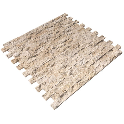 light beige travertine split face stone siding mosaic tile mesh size 12x12-SKU-20012360 view on white background