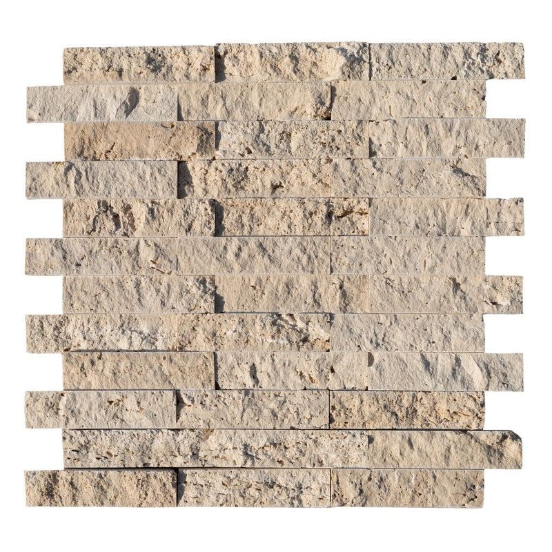 light beige travertine split face stone siding mosaic tile mesh size 12x12-SKU-20012362 top view