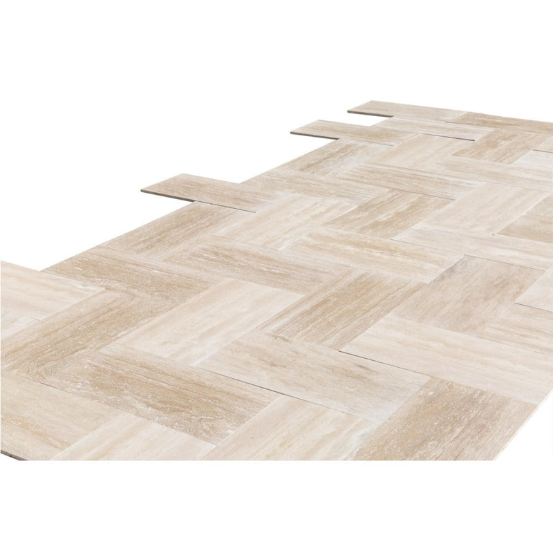 light beige vein cut travertine tile surface polished size 12"x24"x1/2" SKU-10080934  close up view of product