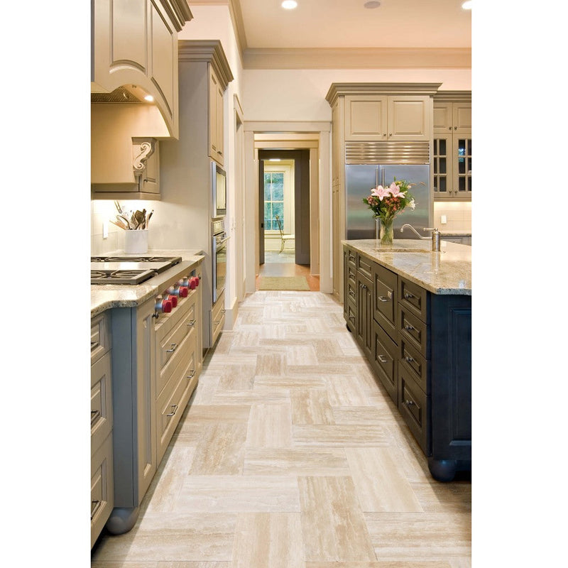 light beige vein cut travertine tile surface polished size 12"x24"x1/2" SKU-10080934  installed view of product