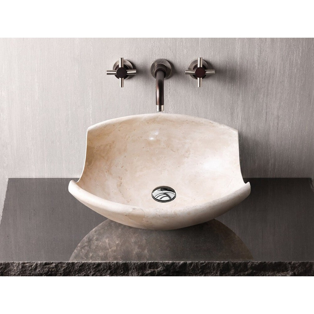 light travertine natural stone vessel sink surface honed filled hand split size (W)16" (L)16" (H)6" SKU 202119 bathroom view