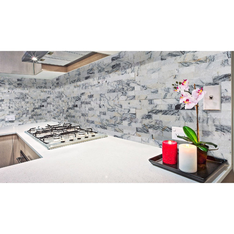 lilac marble stacked stone ledger panel size 6"x24" surface split face SKU-20012459 installed on kitchen backsplash