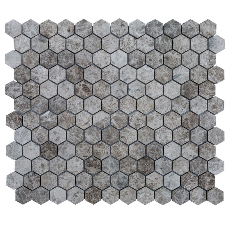 marble mosaic hexagon silver emprador polished mesh size 12x12 SKU-20012334 multi top view