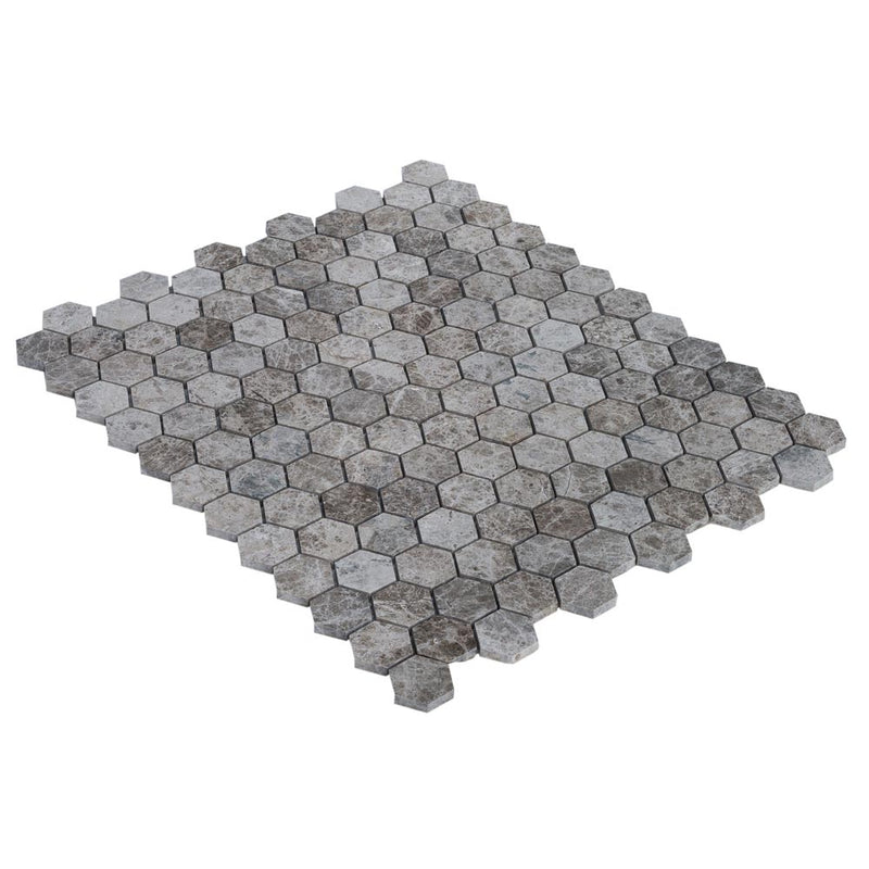 marble mosaic hexagon silver emprador polished mesh size 12x12 SKU-20012334 angle view