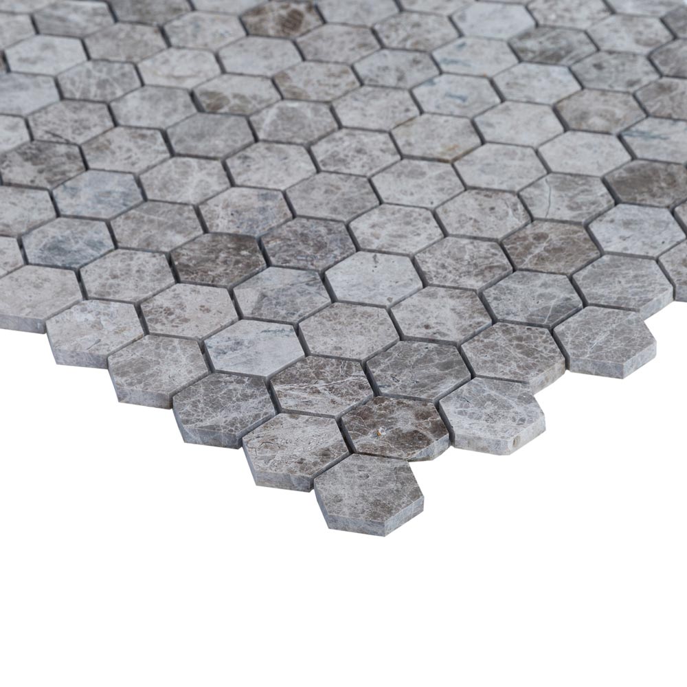 marble mosaic hexagon silver emprador polished mesh size 12x12 SKU-20012334 corner view