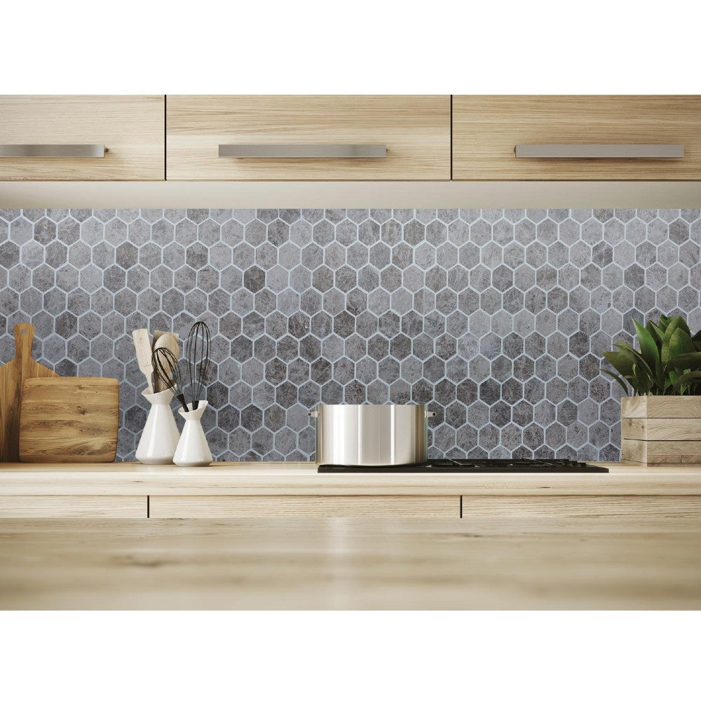 marble mosaic hexagon silver emprador polished mesh size 12x12 SKU-20012334 installed view