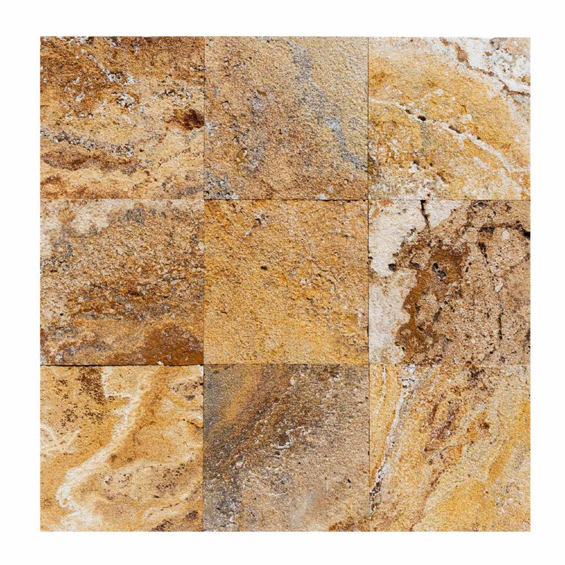 meandros gold yellow travertine pavers surface bush hammered size 12"x12" thickness 1 1/4" edge chileseled SKU-20020071  Top view of the product.