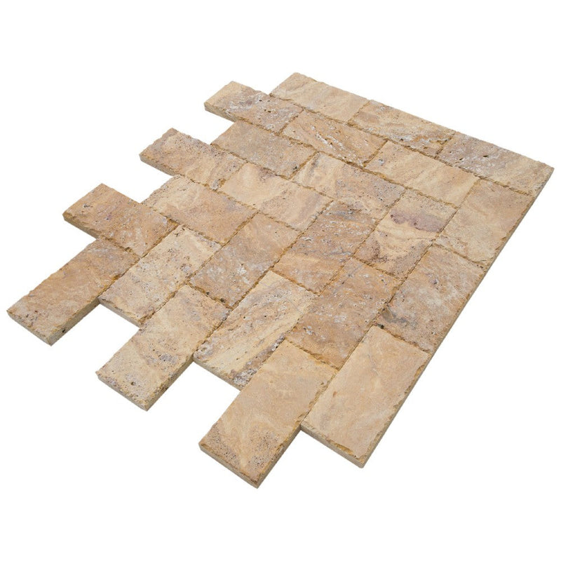 meandros gold yellow travertine pavers surface honed size 12"x12" thickness 1 1/4" edge chiseled SKU-30020072