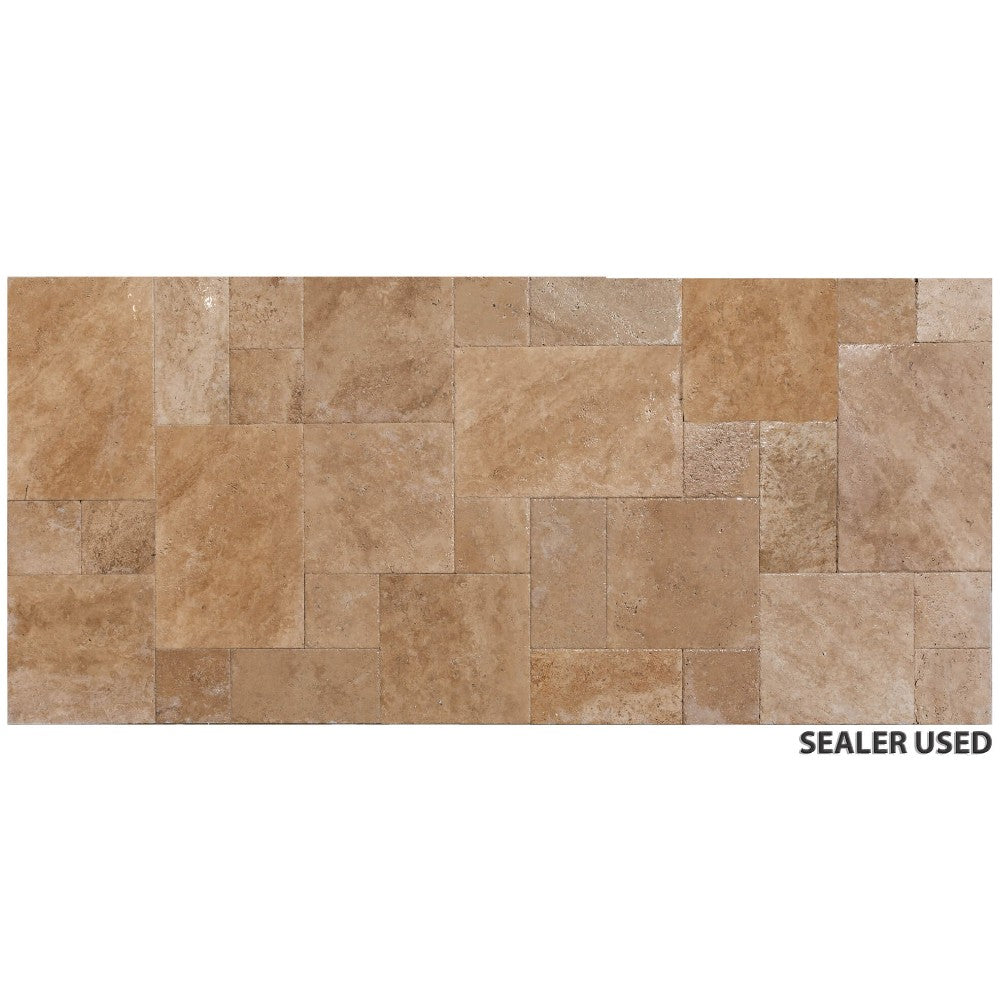 meandros walnut antique pattern set travertine tile SKU-10061703 sealer used view