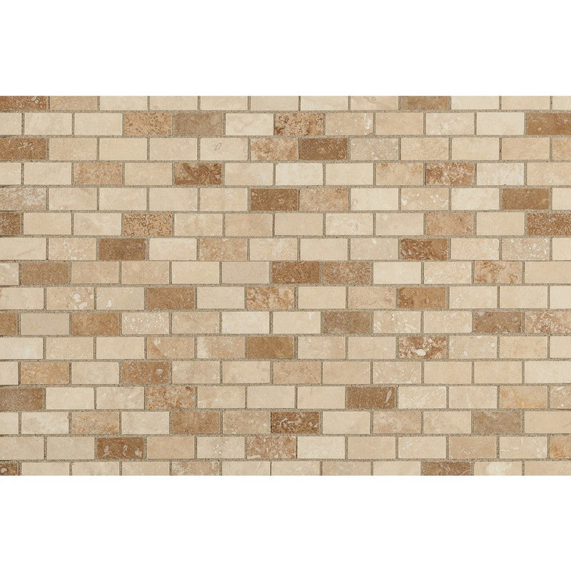 mixed beige walnut noce travertine tile mesh size 12x12-surface honed filled-SKU-10081280 top view