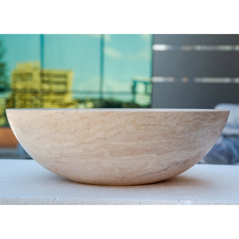 natural stone beige travertine vessel sink honed and filled SKU NTRSTC02 size (D)18" (H)6" side view product shot
