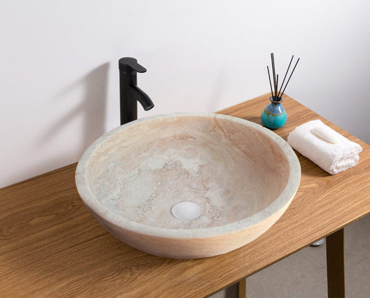 natural stone beige travertine vessel sink honed and filled SKU NTRSTC02 size  (D)18" (H)6" installed in bathroom