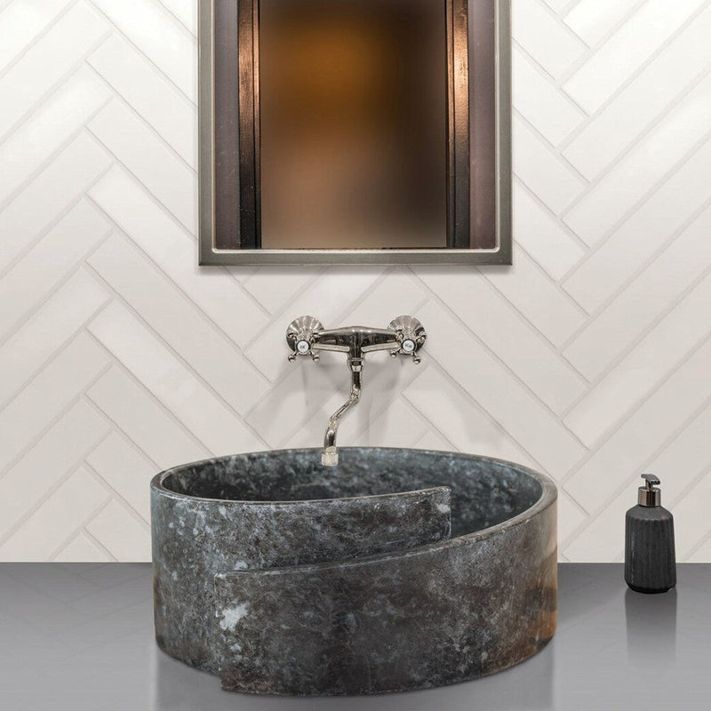 natural stone black marble special design vessel sink surface polished size (D)16" (H)6" (diameter 40.6cm height 15cm) SKU-NTRVS29 product shot installed on bathroom