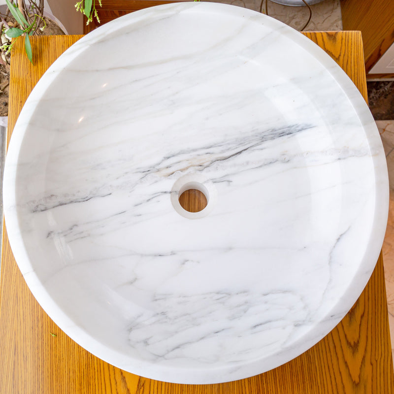 natural stone calacatta white marble vessel sink bowl polished SKU NTRVS10 size (D)19" (H)6" top view product shot