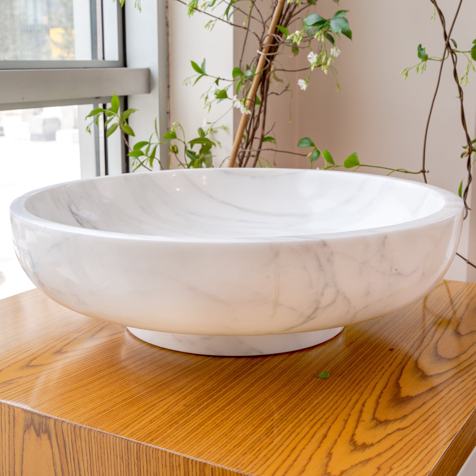 natural stone calacatta white marble vessel sink bowl polished SKU NTRVS10 size (D)19" (H)6" side view product shot