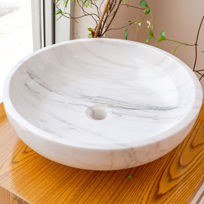 natural stone calacatta white marble vessel sink bowl polished SKU NTRVS10 size (D)19" (H)6" side view product shot