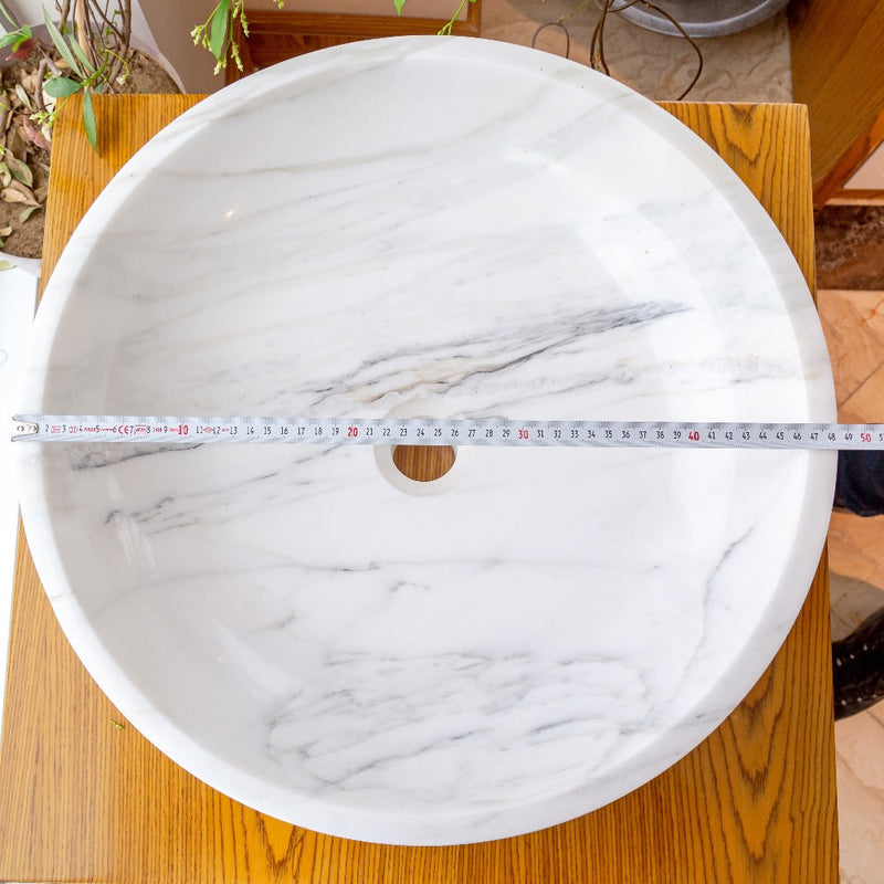 natural stone calacatta white marble vessel sink bowl polished SKU NTRVS10 size (D)19" (H)6" diameter measure view product shot
