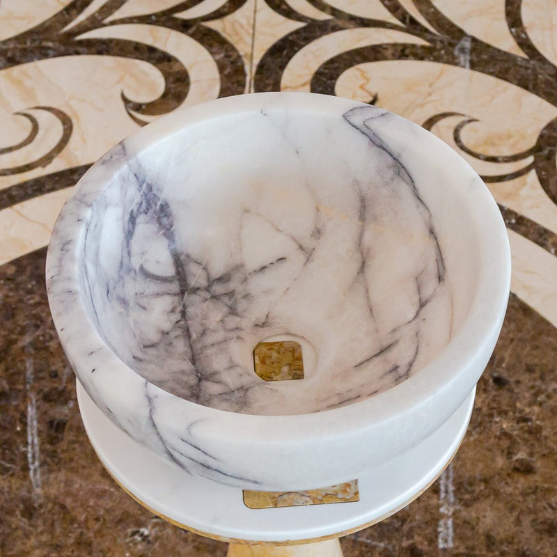 natural stone new york white marble round vessel sink polished SKU NTRVS40 Size (D)12" (H)5" perspective view product shot