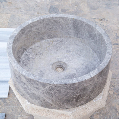 natural stone tundra grey marble round vessel sink polished SKU TMS04 Size (D)16.5" (H)6" side view product shot