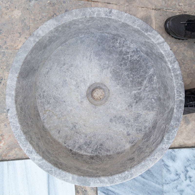 natural stone tundra grey marble round vessel sink polished SKU TMS04 Size (D)16.5" (H)6" top view product shot