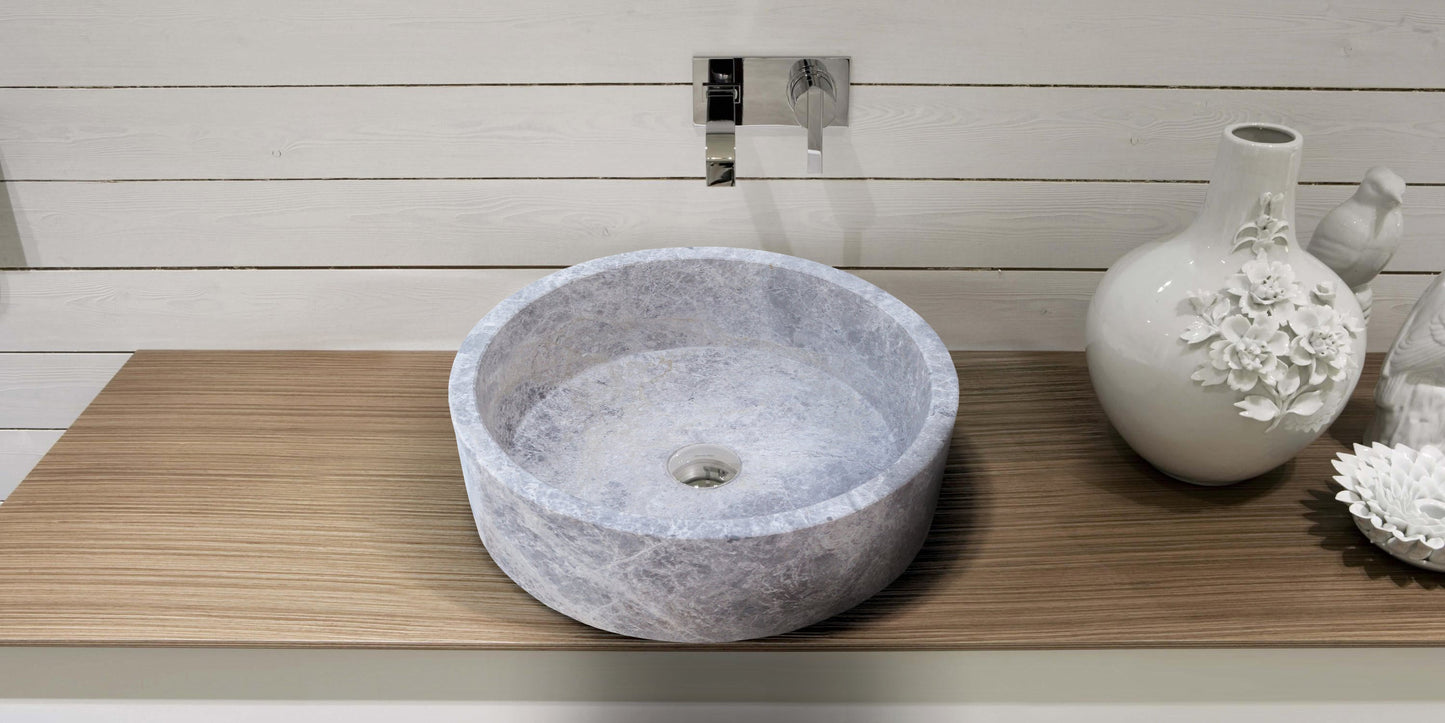 natural stone tundra grey marble round vessel sink polished SKU  TMS04 Size (D)16.5" (H)6"  bathroom view