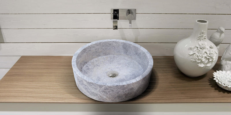 natural stone tundra grey marble round vessel sink polished SKU  TMS04 Size (D)16.5" (H)6"  bathroom view