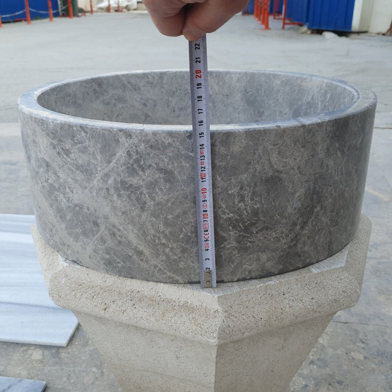 natural stone tundra grey marble round vessel sink polished SKU TMS04 Size (D)16.5" (H)6" height measure view 
