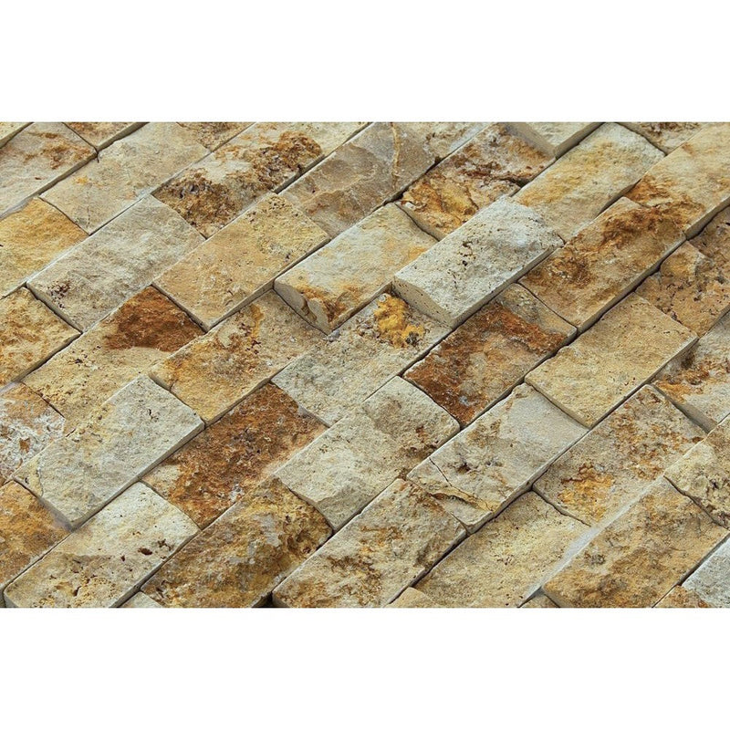 natural stone 1x2 split face mosaic meandros gold travertine SKU-20012401 close view