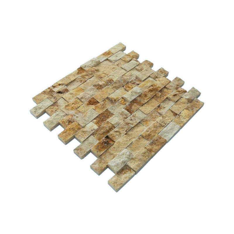 natural stone 1x2 split face mosaic meandros gold travertine SKU-20012401 angle view
