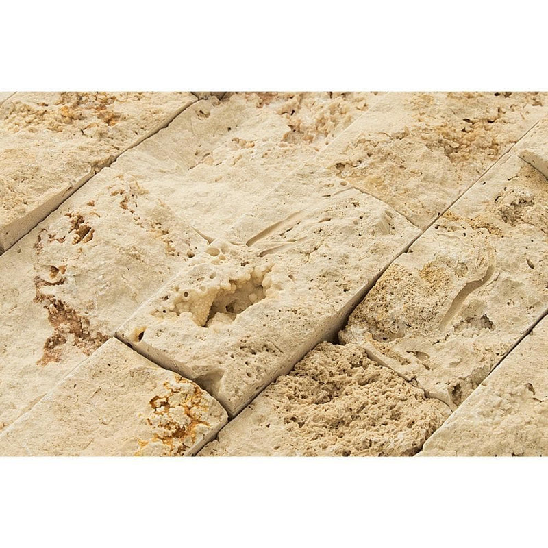 beige rustic splitface travertine mosaics 1x2 SKU 20012362 close view