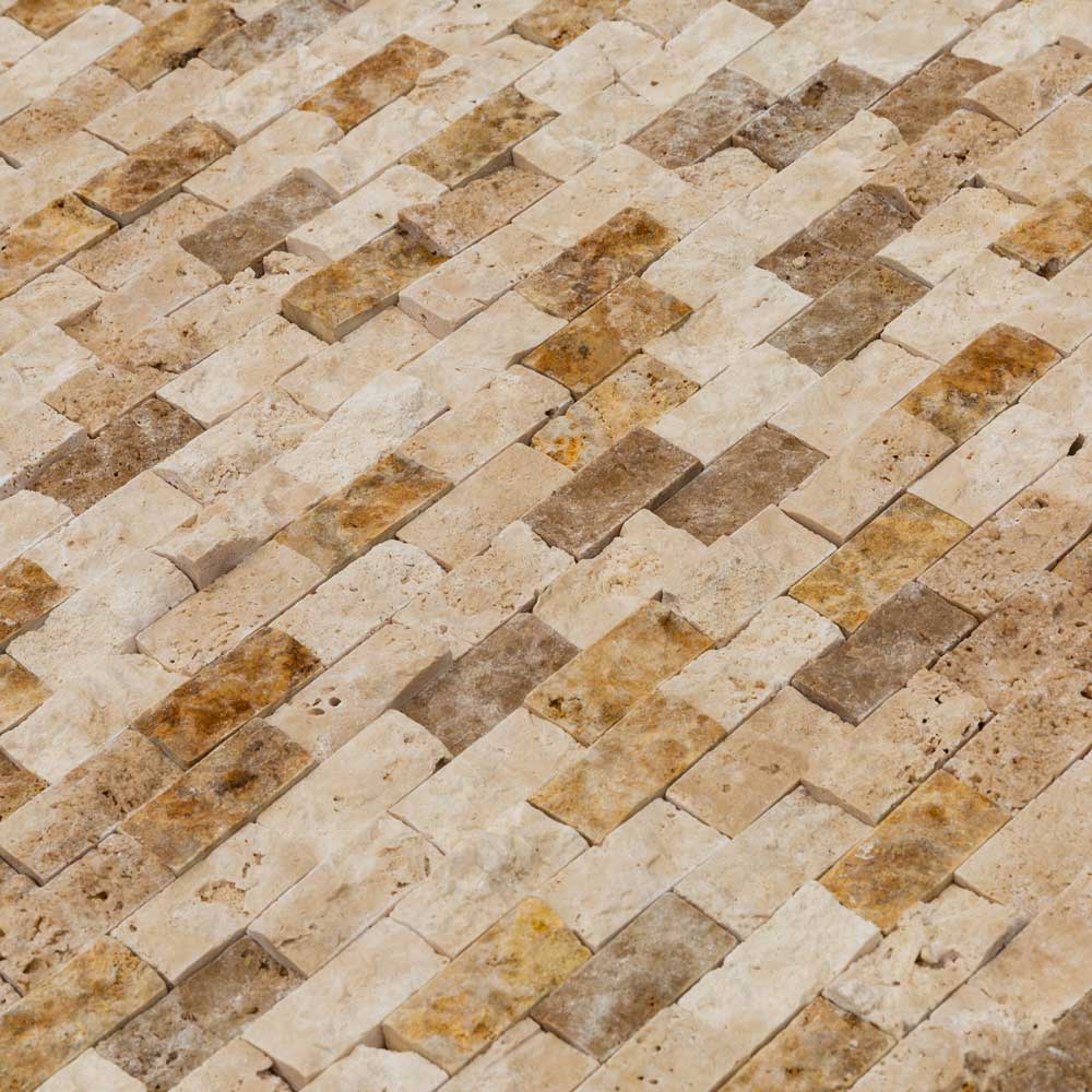 noce beige gold split face travertine mosaics 1x2 SKU-20012361 close view