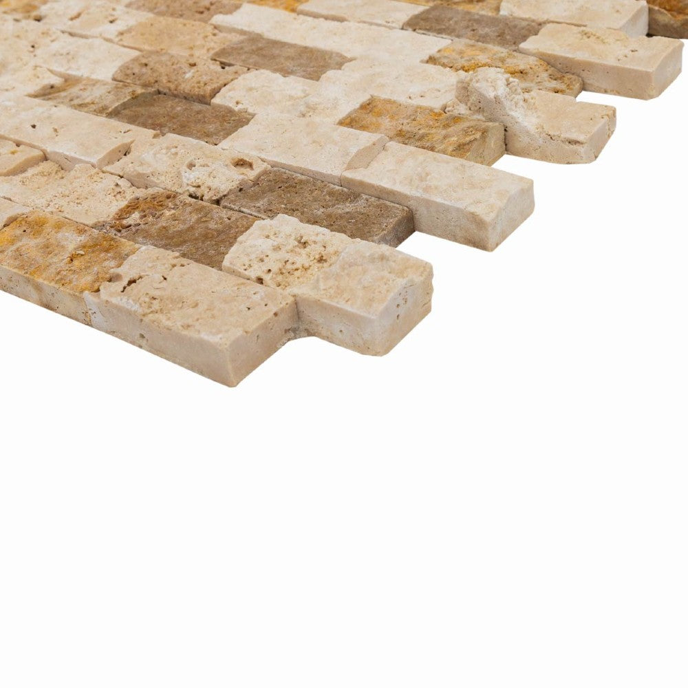 noce beige gold split face travertine mosaics 1x2 SKU-20012361 corner view