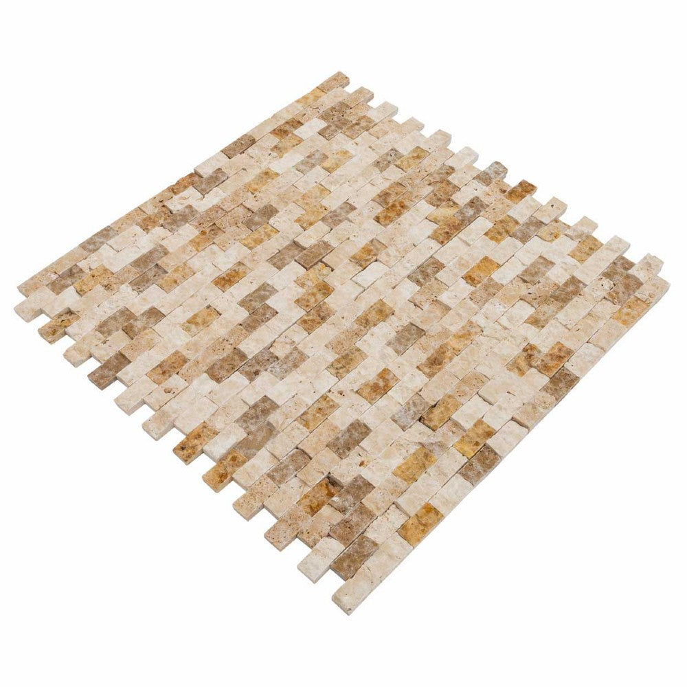 noce beige gold split face travertine mosaics 1x2 SKU-20012361 angle view