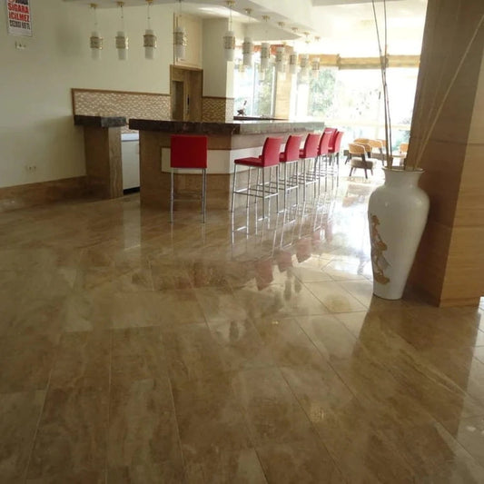 Noce Brown Vein-cut Travertine Floor and Wall Tile 12"x24" installed on lobby.