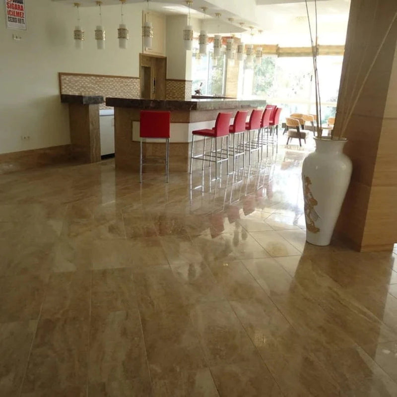 Noce Brown Vein-cut Travertine Floor and Wall Tile 12"x24" installed on lobby.