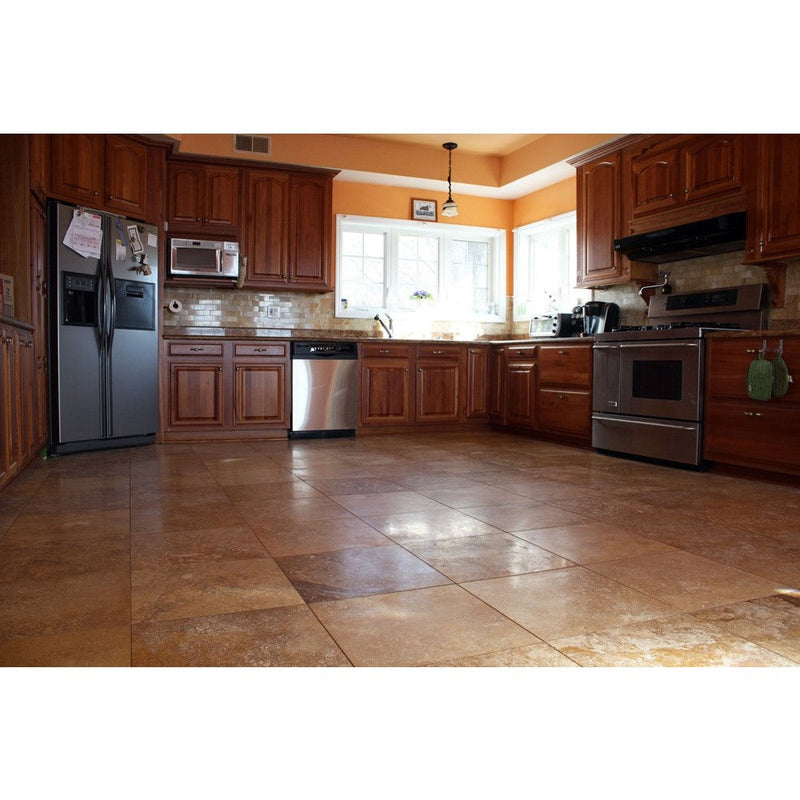oasis gold premum travertine tile honed and filled size 18"x18" SKU-10074413 installed view on the kitchen floor