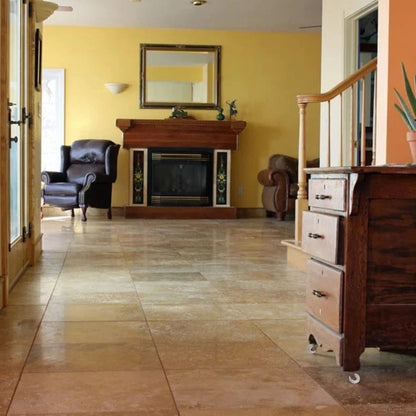 Oasis Gold Travertine Tile installed on living room.