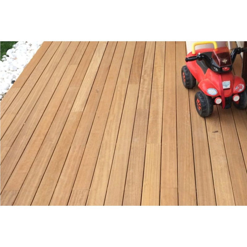 opus iroko channeled wood decking SKU 972005 installed on patio
