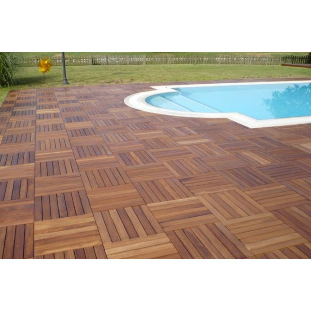 opus iroko channeled wood tile decking 20"x20" size SKU 972007 installed around swimming pool