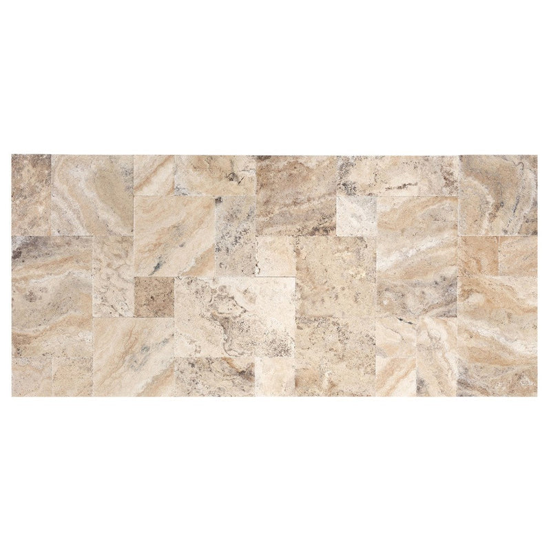 philly pntique french pattern set travertine tile brushed chiseled partially filled SKU-20075603 wet multi top view